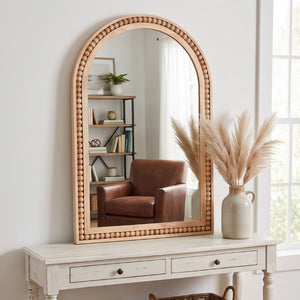 English Elm Natural Wood Arch Wall Mirror with Hand Carved Bead Frame for Farmhouse Entryway Natural Wood W2203P524896