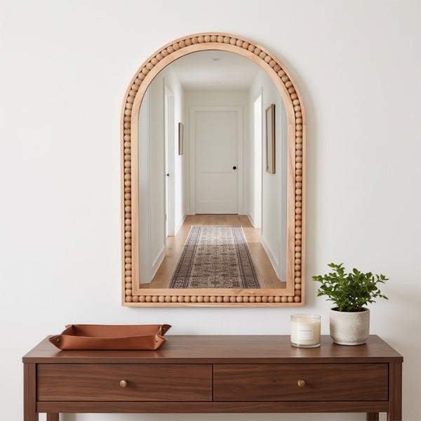 English Elm Natural Wood Arch Wall Mirror with Hand Carved Bead Frame for Farmhouse Entryway Natural Wood W2203P524896