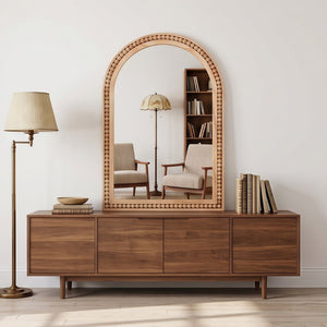 English Elm Natural Wood Arch Wall Mirror with Hand Carved Bead Frame for Farmhouse Entryway Natural Wood W2203P524896