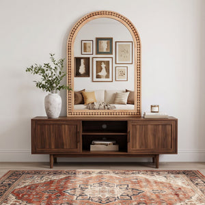 English Elm Natural Wood Arch Wall Mirror with Hand Carved Bead Frame for Farmhouse Entryway Natural Wood W2203P524896