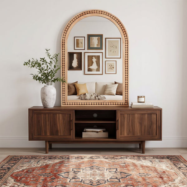 English Elm Natural Wood Arch Wall Mirror with Hand Carved Bead Frame for Farmhouse Entryway Natural Wood W2203P524896