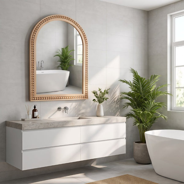 English Elm Natural Wood Arch Wall Mirror with Hand Carved Bead Frame for Farmhouse Entryway Natural Wood W2203P524896