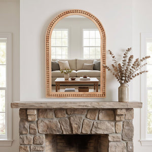 English Elm Natural Wood Arch Wall Mirror with Hand Carved Bead Frame for Farmhouse Entryway Natural Wood W2203P524896