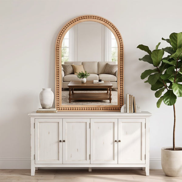 English Elm Natural Wood Arch Wall Mirror with Hand Carved Bead Frame for Farmhouse Entryway Natural Wood W2203P524896