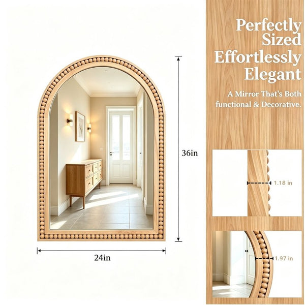 English Elm Natural Wood Arch Wall Mirror with Hand Carved Bead Frame for Farmhouse Entryway Natural Wood W2203P524896