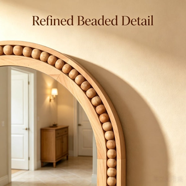 English Elm Natural Wood Arch Wall Mirror with Hand Carved Bead Frame for Farmhouse Entryway Natural Wood W2203P524896