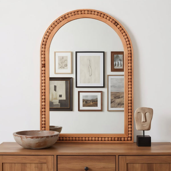 English Elm Natural Wood Arch Wall Mirror with Hand Carved Bead Frame for Farmhouse Entryway Yellowish-Brown W2203P524898