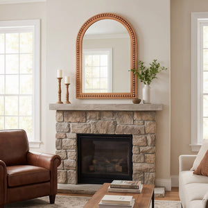 English Elm Natural Wood Arch Wall Mirror with Hand Carved Bead Frame for Farmhouse Entryway Yellowish-Brown W2203P524898