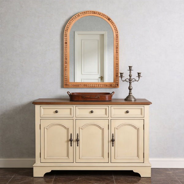 English Elm Natural Wood Arch Wall Mirror with Hand Carved Bead Frame for Farmhouse Entryway Yellowish-Brown W2203P524898