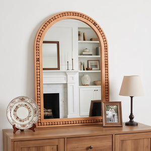 English Elm Natural Wood Arch Wall Mirror with Hand Carved Bead Frame for Farmhouse Entryway Yellowish-Brown W2203P524898