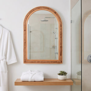 English Elm Natural Wood Arch Wall Mirror with Hand Carved Bead Frame for Farmhouse Entryway Yellowish-Brown W2203P524898