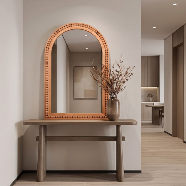 English Elm Natural Wood Arch Wall Mirror with Hand Carved Bead Frame for Farmhouse Entryway Yellowish-Brown W2203P524898