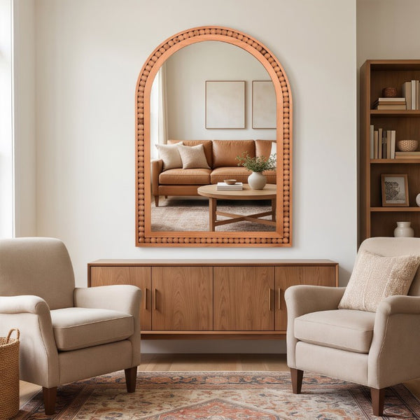 English Elm Natural Wood Arch Wall Mirror with Hand Carved Bead Frame for Farmhouse Entryway Yellowish-Brown W2203P524898