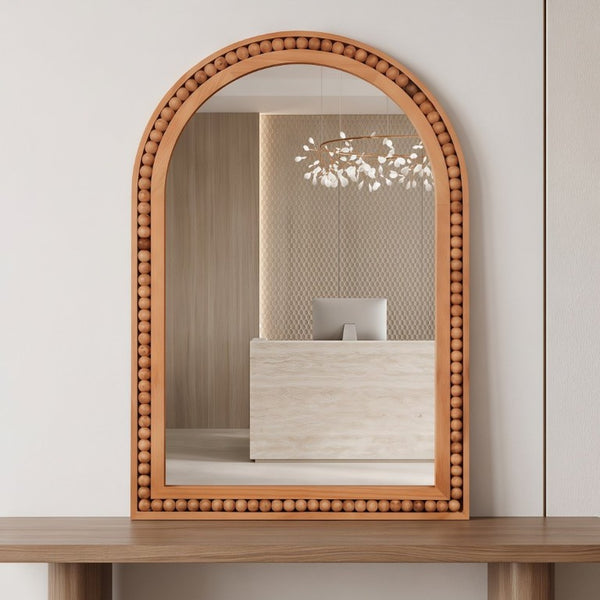 English Elm Natural Wood Arch Wall Mirror with Hand Carved Bead Frame for Farmhouse Entryway Yellowish-Brown W2203P524898