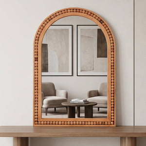 English Elm Natural Wood Arch Wall Mirror with Hand Carved Bead Frame for Farmhouse Entryway Yellowish-Brown W2203P524898