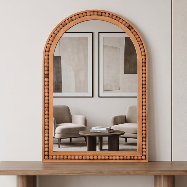 English Elm Natural Wood Arch Wall Mirror with Hand Carved Bead Frame for Farmhouse Entryway Yellowish-Brown W2203P524898