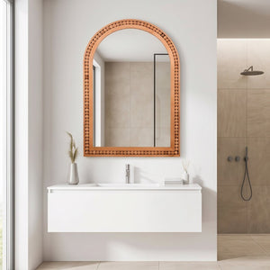 English Elm Natural Wood Arch Wall Mirror with Hand Carved Bead Frame for Farmhouse Entryway Yellowish-Brown W2203P524898