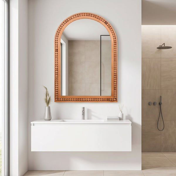 English Elm Natural Wood Arch Wall Mirror with Hand Carved Bead Frame for Farmhouse Entryway Yellowish-Brown W2203P524898