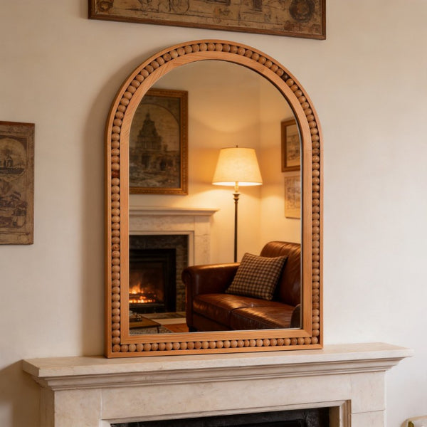 English Elm Natural Wood Arch Wall Mirror with Hand Carved Bead Frame for Farmhouse Entryway Yellowish-Brown W2203P524898