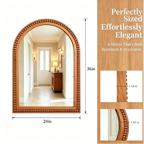 English Elm Natural Wood Arch Wall Mirror with Hand Carved Bead Frame for Farmhouse Entryway Yellowish-Brown W2203P524898