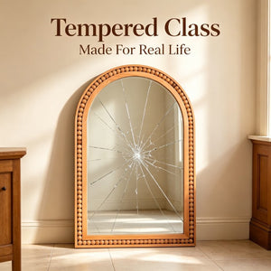 English Elm Natural Wood Arch Wall Mirror with Hand Carved Bead Frame for Farmhouse Entryway Yellowish-Brown W2203P524898