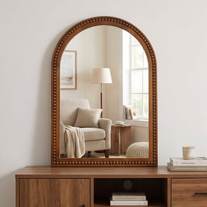 English Elm Natural Wood Arch Wall Mirror with Hand Carved Bead Frame for Farmhouse Entryway Black + Dark Walnut W2203P524900