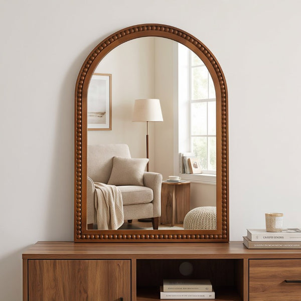 English Elm Natural Wood Arch Wall Mirror with Hand Carved Bead Frame for Farmhouse Entryway Black + Dark Walnut W2203P524900