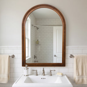 English Elm Natural Wood Arch Wall Mirror with Hand Carved Bead Frame for Farmhouse Entryway Black + Dark Walnut W2203P524900