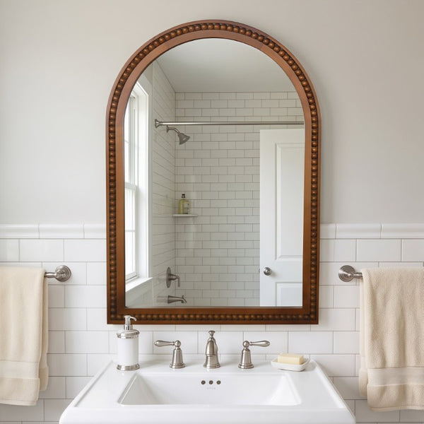 English Elm Natural Wood Arch Wall Mirror with Hand Carved Bead Frame for Farmhouse Entryway Black + Dark Walnut W2203P524900