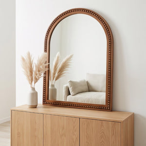 English Elm Natural Wood Arch Wall Mirror with Hand Carved Bead Frame for Farmhouse Entryway Black + Dark Walnut W2203P524900