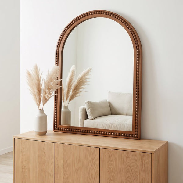 English Elm Natural Wood Arch Wall Mirror with Hand Carved Bead Frame for Farmhouse Entryway Black + Dark Walnut W2203P524900
