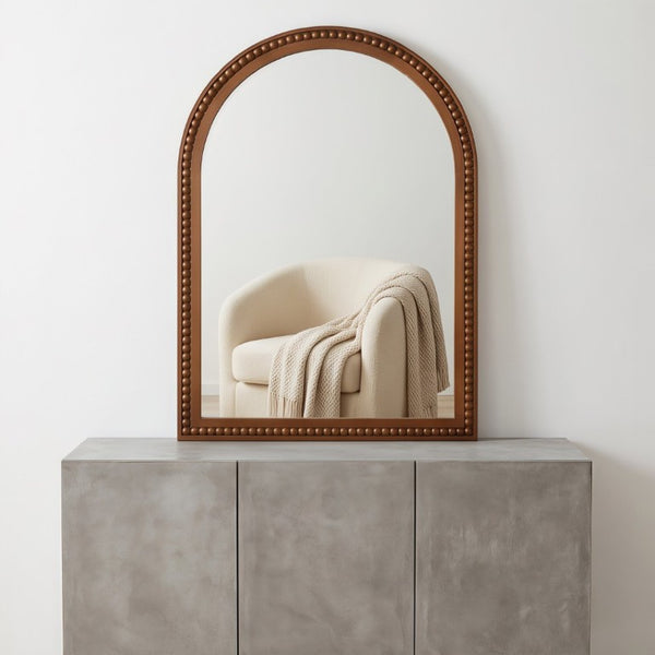 English Elm Natural Wood Arch Wall Mirror with Hand Carved Bead Frame for Farmhouse Entryway Black + Dark Walnut W2203P524900