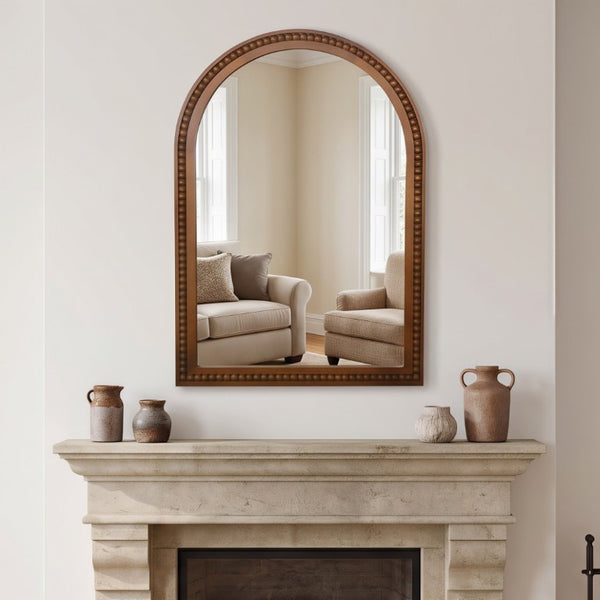 English Elm Natural Wood Arch Wall Mirror with Hand Carved Bead Frame for Farmhouse Entryway Black + Dark Walnut W2203P524900