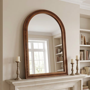 English Elm Natural Wood Arch Wall Mirror with Hand Carved Bead Frame for Farmhouse Entryway Black + Dark Walnut W2203P524900