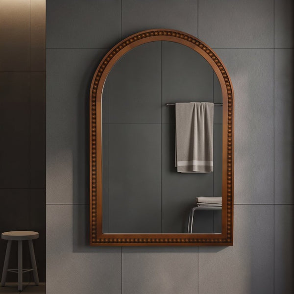 English Elm Natural Wood Arch Wall Mirror with Hand Carved Bead Frame for Farmhouse Entryway Black + Dark Walnut W2203P524900