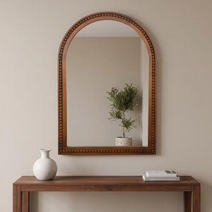 English Elm Natural Wood Arch Wall Mirror with Hand Carved Bead Frame for Farmhouse Entryway Black + Dark Walnut W2203P524900