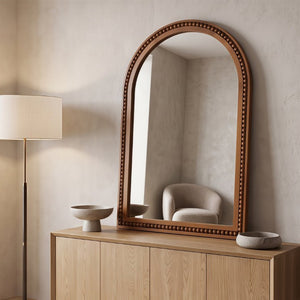 English Elm Natural Wood Arch Wall Mirror with Hand Carved Bead Frame for Farmhouse Entryway Black + Dark Walnut W2203P524900