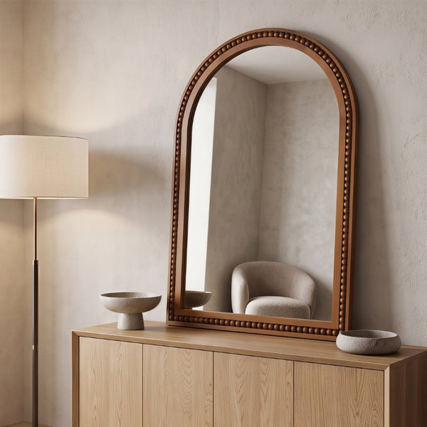 English Elm Natural Wood Arch Wall Mirror with Hand Carved Bead Frame for Farmhouse Entryway Black + Dark Walnut W2203P524900