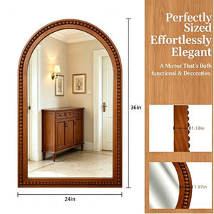 English Elm Natural Wood Arch Wall Mirror with Hand Carved Bead Frame for Farmhouse Entryway Black + Dark Walnut W2203P524900