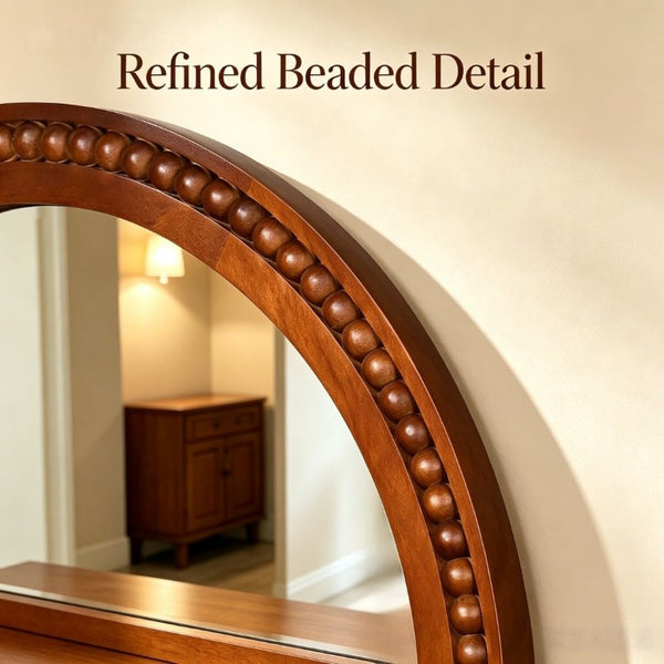 English Elm Natural Wood Arch Wall Mirror with Hand Carved Bead Frame for Farmhouse Entryway Black + Dark Walnut W2203P524900