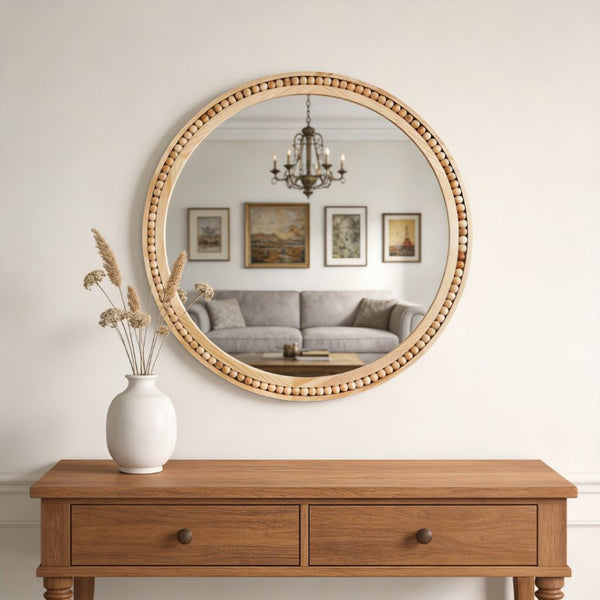 English Elm Natural Wood Beaded Round Wall Mirror Handcrafted Solid Frame Farmhouse Bathroom Entryway Natural Wood W2203P524927