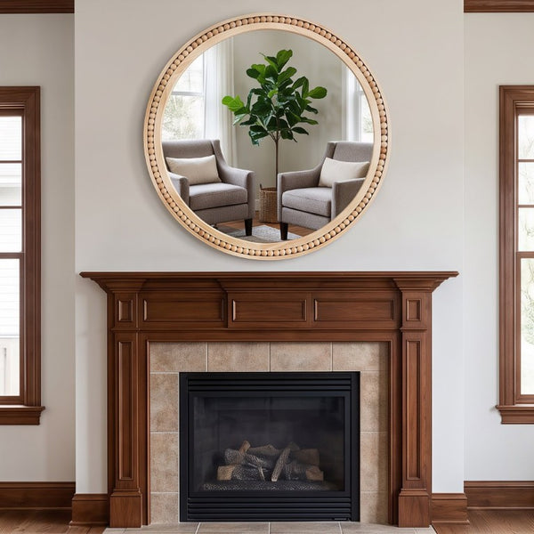 English Elm Natural Wood Beaded Round Wall Mirror Handcrafted Solid Frame Farmhouse Bathroom Entryway Natural Wood W2203P524927