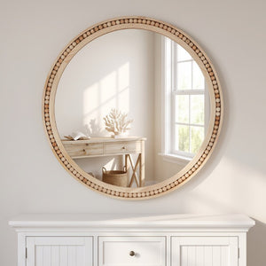 English Elm Natural Wood Beaded Round Wall Mirror Handcrafted Solid Frame Farmhouse Bathroom Entryway Natural Wood W2203P524927