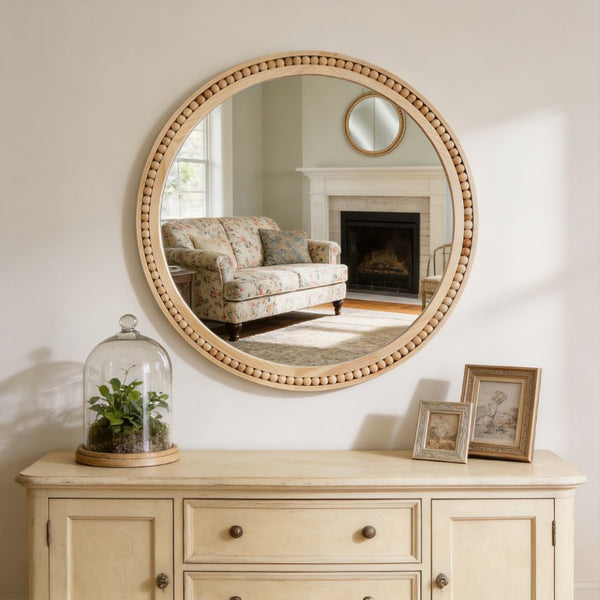 English Elm Natural Wood Beaded Round Wall Mirror Handcrafted Solid Frame Farmhouse Bathroom Entryway Natural Wood W2203P524927