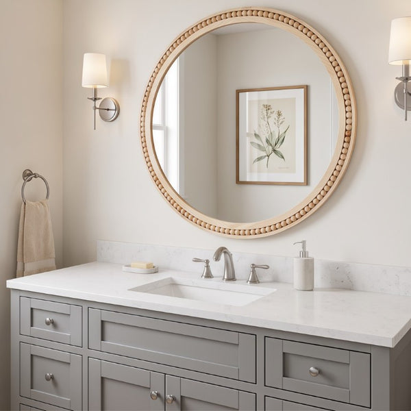 English Elm Natural Wood Beaded Round Wall Mirror Handcrafted Solid Frame Farmhouse Bathroom Entryway Natural Wood W2203P524927