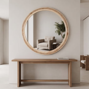 English Elm Natural Wood Beaded Round Wall Mirror Handcrafted Solid Frame Farmhouse Bathroom Entryway Natural Wood W2203P524927