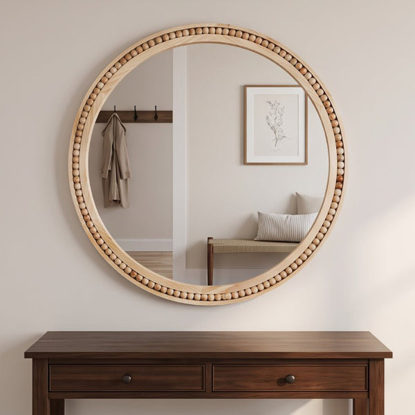 English Elm Natural Wood Beaded Round Wall Mirror Handcrafted Solid Frame Farmhouse Bathroom Entryway Natural Wood W2203P524927