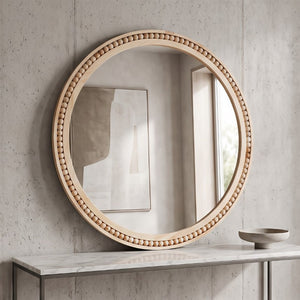 English Elm Natural Wood Beaded Round Wall Mirror Handcrafted Solid Frame Farmhouse Bathroom Entryway Natural Wood W2203P524927