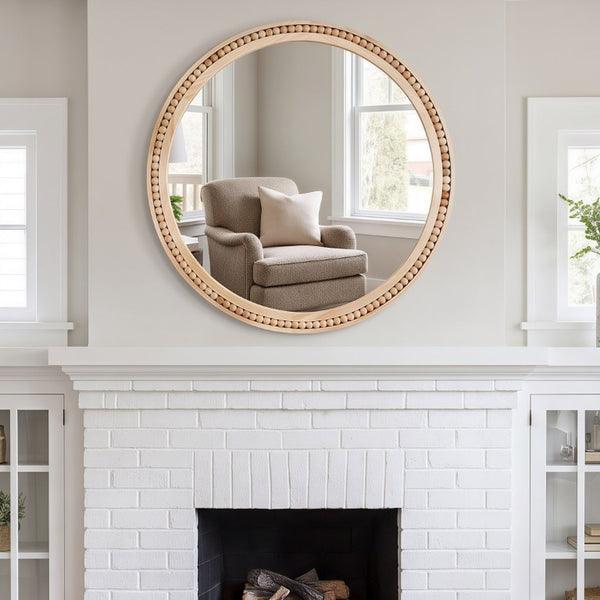 English Elm Natural Wood Beaded Round Wall Mirror Handcrafted Solid Frame Farmhouse Bathroom Entryway Natural Wood W2203P524927