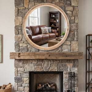 English Elm Natural Wood Beaded Round Wall Mirror Handcrafted Solid Frame Farmhouse Bathroom Entryway Natural Wood W2203P524927